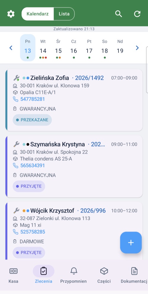 Plan dnia w aplikacji mobilnej serwisanta