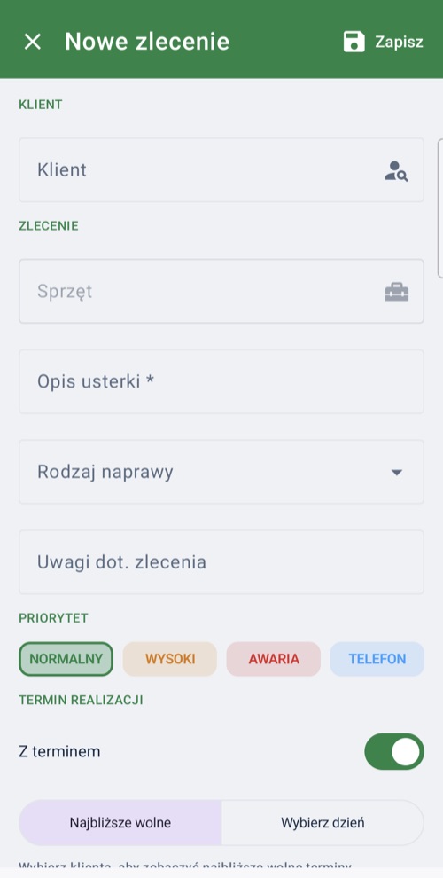Aplikacja mobilna — nowe zlecenie