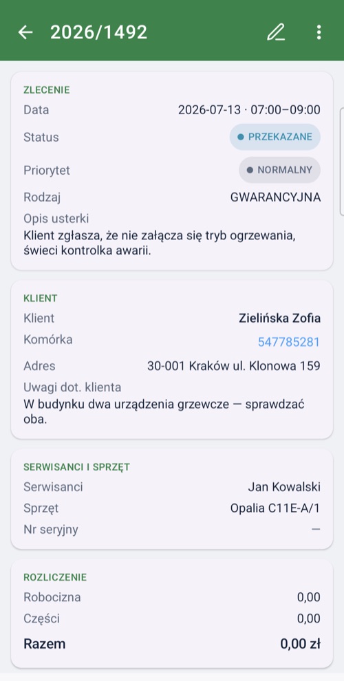 Aplikacja mobilna — szczegóły zlecenia